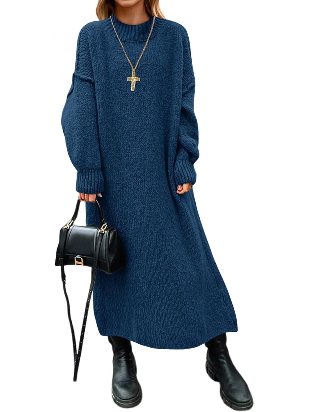 🆕 Women's Blue Oversized Knit Sweater Maxi Dress Mock Neck Fall Winter Top
